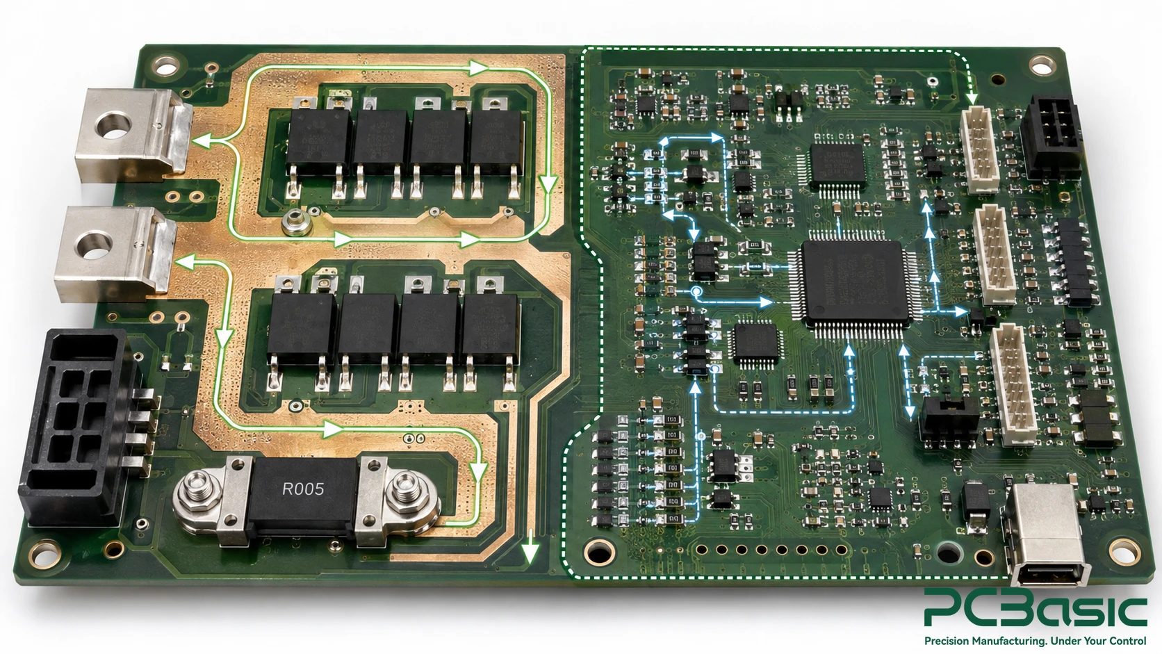 High-current and precision sensing areas on a BMS PCB High-current and precision sensing areas on a BMS PCB