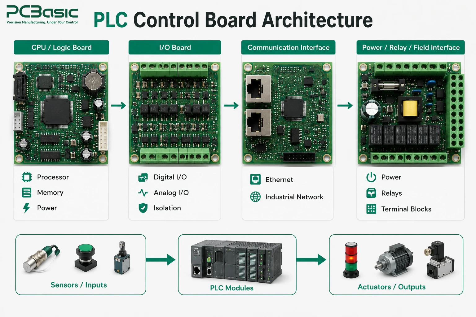 PLC control board architecture with CPU, IO, communication, and power modules