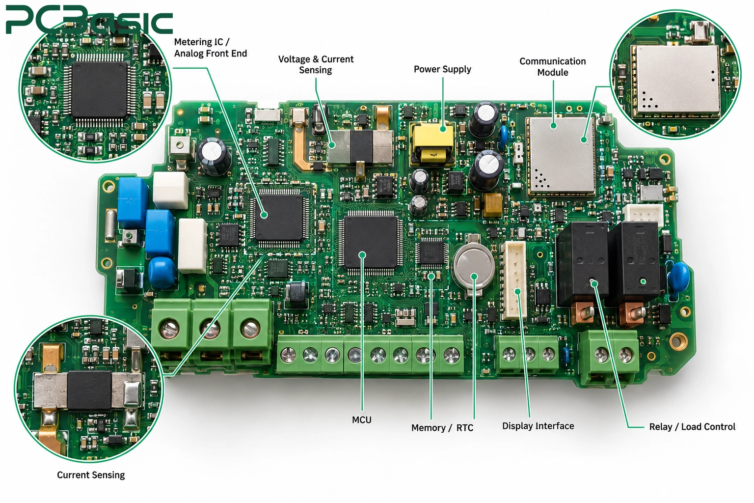 Smart meter PCB components and functional sections Smart meter PCB components and functional sections