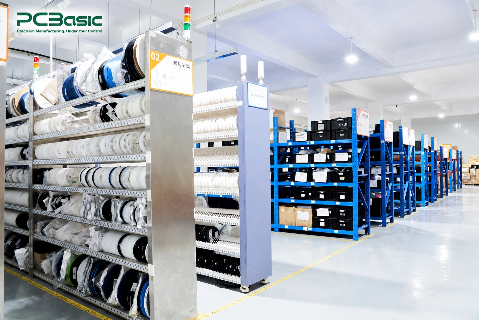 Component warehouse with smart storage racks at PCBasic