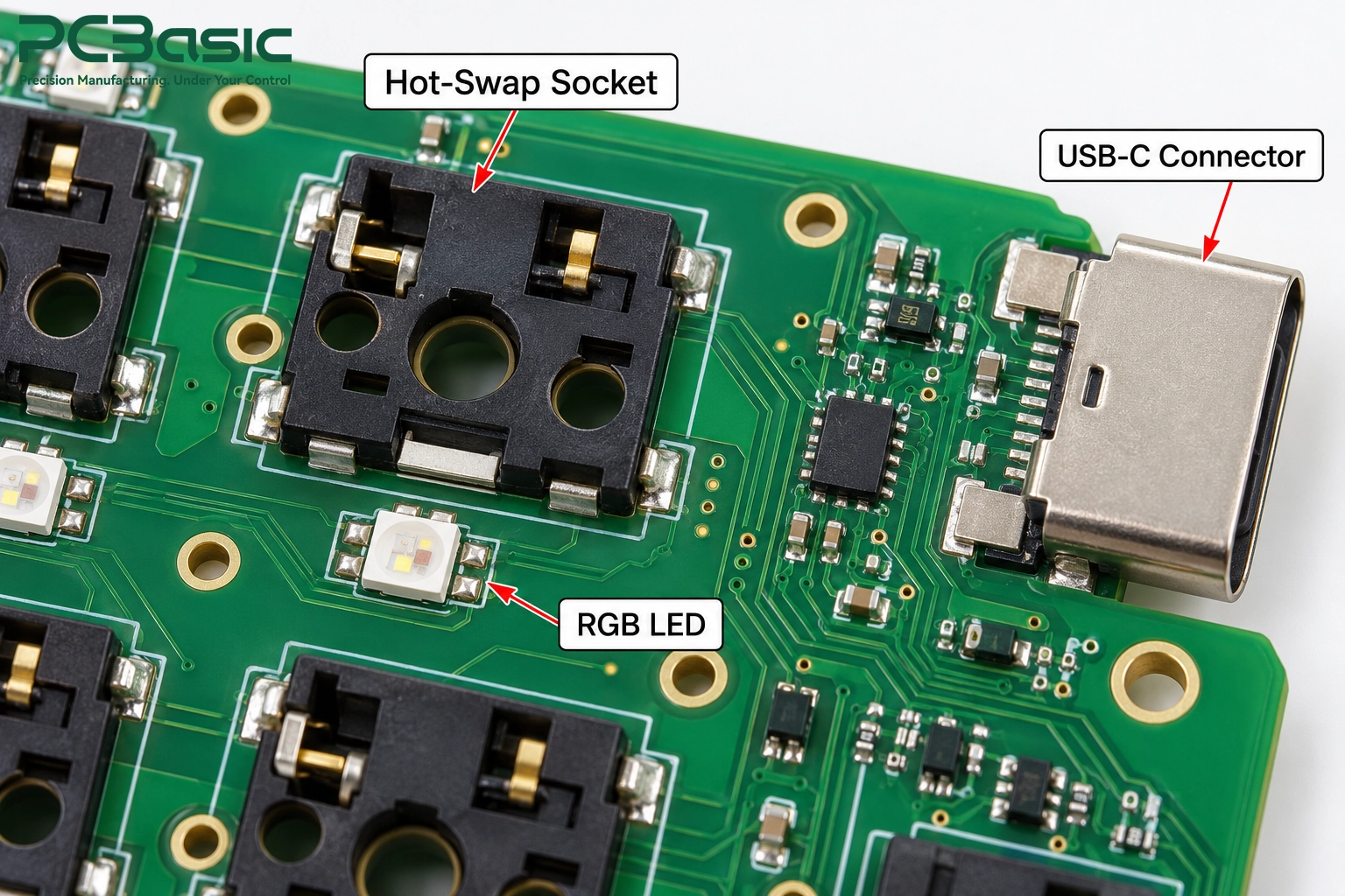 Hot-swap socket, RGB LED and USB-C on keyboard PCB