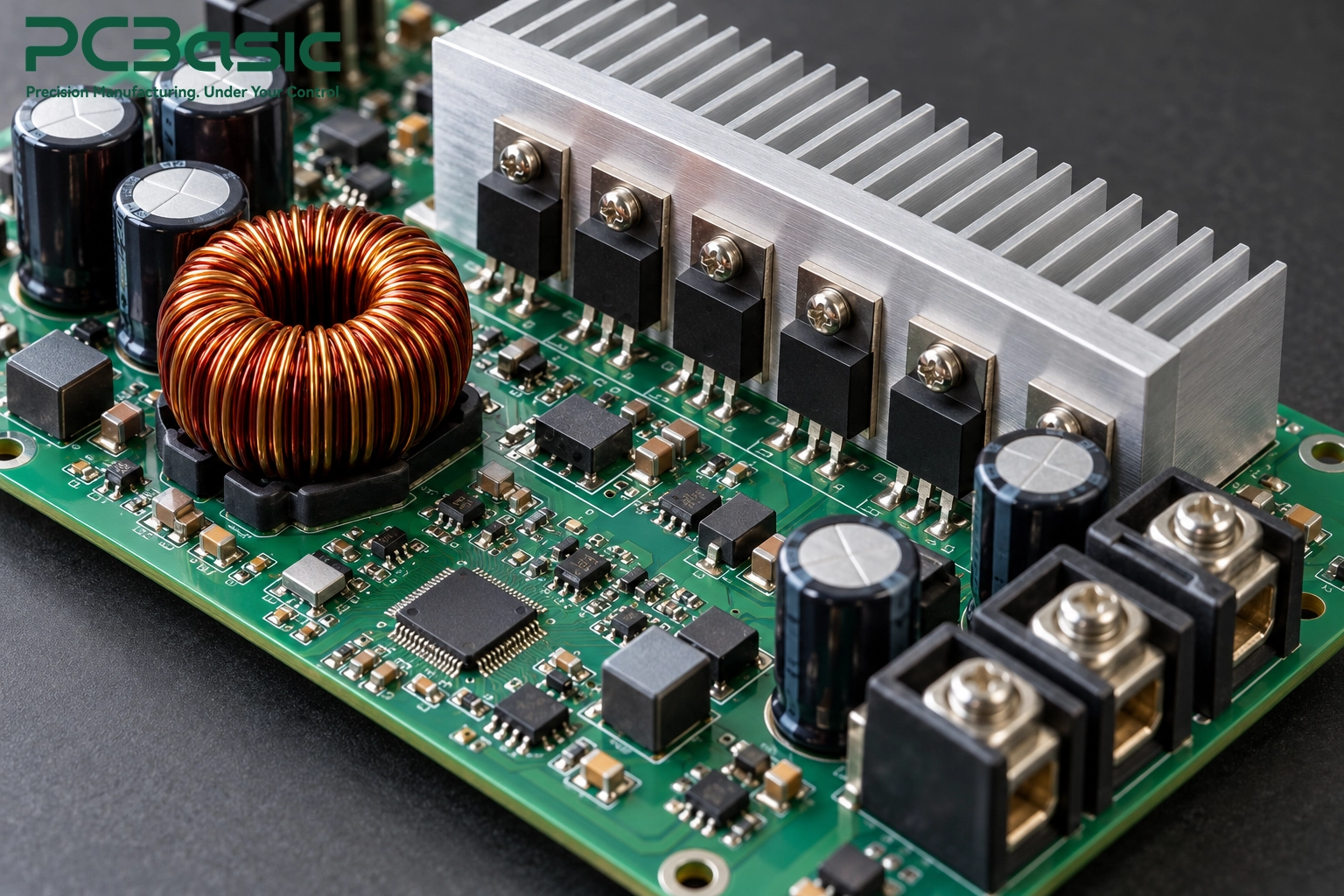 Inverter power board illustration with heatsink and terminals