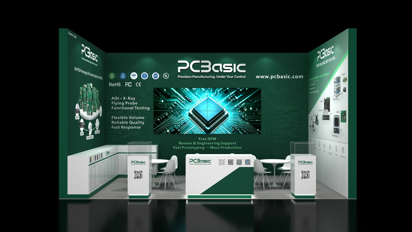 PCBasic electronica 2026 Munich booth effect render with the A1.280 stand